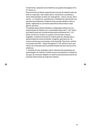 Fundamental, utilizando como referência os quadros das páginas 54 e
57 (Anexo 1).
Preenchimento da tabela, especificando que tipo de trabalho pode ser
feito em cada série. Isso implica definir, inicialmente, as práticas a
serem desenvolvidas na série com cada gênero – leitura, escuta, fala e
escrita – e a freqüência, considerando a realidade de cada escola e as
opiniões dos professores. Posteriormente se pode detalhar melhor a
tabela, registrando os conteúdos específicos relacionados a cada
gênero, por série.
A finalidade básica desta atividade é a elaboração coletiva de uma
seqüenciação do trabalho com a diversidade textual de 5 ª a 8ª séries,
que depois possa ser complementada pelos professores de 1 ª a 4ª
séries, de forma a compor um quadro único de toda a escola.
Sugestão: o restante do tempo do módulo pode ser utilizado para a
seqüenciação de outros conteúdos: ortografia, gramática etc. da
mesma maneira que se procedeu nesta atividade. Para tanto, verificar
no Sumário dos PCN – Língua Portuguesa 5ª a 8ª séries os itens que
tratam dos conteúdos que se pretende seqüenciar para usá-los como
referência.
7. Atividade de auto-avaliação: leitura individual das expectativas de
aprendizagem do módulo e análise do percurso pessoal em relação ao
seu grau de conquista. Registro no caderno para acompanhamento do
processo desenvolvido ao longo dos módulos.




                                                                    167
 