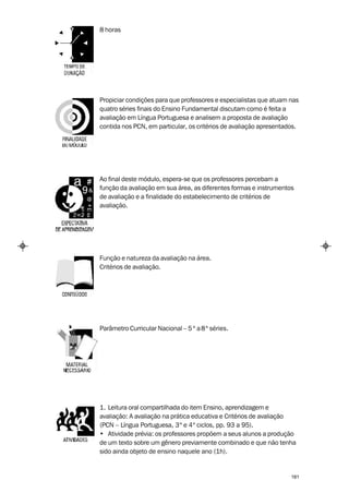 8 horas




Propiciar condições para que professores e especialistas que atuam nas
quatro séries finais do Ensino Fundamental discutam como é feita a
avaliação em Língua Portuguesa e analisem a proposta de avaliação
contida nos PCN, em particular, os critérios de avaliação apresentados.




Ao final deste módulo, espera-se que os professores percebam a
função da avaliação em sua área, as diferentes formas e instrumentos
de avaliação e a finalidade do estabelecimento de critérios de
avaliação.




Função e natureza da avaliação na área.
Critérios de avaliação.




Parâmetro Curricular Nacional – 5 ª a 8ª séries.




1. Leitura oral compartilhada do item Ensino, aprendizagem e
avaliação: A avaliação na prática educativa e Critérios de avaliação
(PCN – Língua Portuguesa, 3º e 4º ciclos, pp. 93 a 95).
• Atividade prévia: os professores propõem a seus alunos a produção
de um texto sobre um gênero previamente combinado e que não tenha
sido ainda objeto de ensino naquele ano (1h).


                                                                    181
 