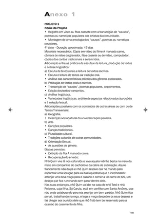Anexo 1
PROJETO 1
Nome do Projeto
• Registro em vídeo ou fitas cassete com a transcrição de “causos”,
poemas ou narrativas populares dos artistas da comunidade.
• Montagem de uma antologia dos “causos”, poemas ou narrativas
populares.
4º ciclo – Duração aproximada: 45 dias
Materiais necessários: Cópia em vídeo do filme A marvada carne,
câmara de vídeo ou gravador, fitas cassete ou de vídeo, computador,
cópias dos contos tradicionais a serem lidos.
Articulação entre as práticas de escuta e de leitura, produção de textos
e análise lingüística:
a) Escuta de textos orais e leitura de textos escritos.
• Escuta e leitura de textos da tradição oral.
• Análise das características próprias dos gêneros explorados.
b) Produção de textos orais e escritos.
• Transcrição de “causos”, poemas populares, depoimentos.
• Edição dos textos transcritos.
c) Análise lingüística.
• Variedades lingüísticas: análise de aspectos relacionados à prosódia
e à seleção lexical.
Articulações possíveis com os conteúdos de outras áreas ou com os de
Temas Transversais:
a) Geografia.
• Descrição sociocultural do universo caipira paulista.
b) Arte.
• Canções populares.
• Danças tradicionais.
c) Pluralidade cultural.
• Tradições culturais de outras comunidades.
d) Orientação Sexual.
• As questões de gênero.
Etapas previstas:
• Exibição da fita A marvada carne.
• Recuperação do enredo:
Nhô Quim vive lá nos cafundós e leva aquela vidinha besta no meio do
mato em companhia do cachorro e da cabra de estimação. Aquilo
francamente não dá pé e nhô Quim resolve cair no mundo para
encontrar uma solução para as duas questões que o incomodam:
arranjar uma boa moça para o casório e comer a tal carne de boi, um
desejo que fica ruminando sem parar dentro dele.
Nas suas andanças, nhô Quim vai dar na casa de nhô Totó e nhá
Policena, cuja filha, Sá Carula, está em conflito com Santo Antônio, que
não anda colaborando para ela arranjar um bom partido. Nhô Quim fica
por ali, trabalhando na roça, e logo a moça descobre os seus desejos e
faz chegar aos ouvidos dele que nhô Totó tem boi reservado para a
ocasião do casamento da filha.

                                                                     189
 