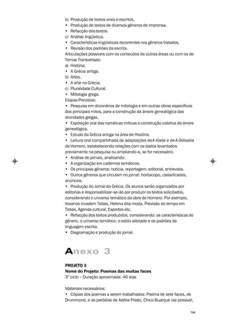 b) Produção de textos orais e escritos.
• Produção de textos de diversos gêneros de imprensa.
• Refacção dos textos.
c) Análise lingüística.
• Características lingüísticas recorrentes nos gêneros tratados.
• Revisão dos padrões da escrita.
Articulações possíveis com os conteúdos de outras áreas ou com os de
Temas Transversais:
a) História.
• A Grécia antiga.
b) Artes.
• A arte na Grécia.
c) Pluralidade Cultural.
• Mitologia grega.
Etapas Previstas:
• Pesquisa em dicionários de mitologia e em outras obras específicas
dos principais mitos, para a construção da árvore genealógica das
divindades gregas.
• Exposição oral das narrativas míticas e construção coletiva da árvore
genealógica.
• Estudo da Grécia antiga na área de História.
• Leitura oral compartilhada de adaptações de A Ilíada e de A Odisséia
de Homero, estabelecendo relações com os dados levantados
previamente na pesquisa ou ampliando-a, se for necessário.
• Análise de jornais, analisando:
• A organização em cadernos temáticos.
• Os principais gêneros: notícia, reportagem, editorial, entrevista.
• Outros gêneros que circulam no jornal: horóscopo, classificados,
anúncios.
• Produção do Jornal da Grécia. Os alunos serão organizados por
editorias e responsabilizar-se-ão por produzir os textos solicitados,
considerando o universo temático da obra de Homero. Por exemplo,
troianos invadem Tebas, Helena dita moda, Previsão do tempo em
Tebas, Agenda cultural, Esportes etc.
• Refacção dos textos produzidos, considerando: as características do
gênero, o universo temático, o estilo adotado e os padrões da
linguagem escrita.
• Diagramação e produção do jornal.



Anexo 3
PROJETO 3
Nome do Projeto: Poemas das muitas faces
3º ciclo – Duração aproximada: 40 dias

Materiais necessários:
• Cópias dos poemas a serem trabalhados: Poema de sete faces, de
Drummond, e as paródias de Adélia Prado, Chico Buarque (se possível,

                                                                    194
 