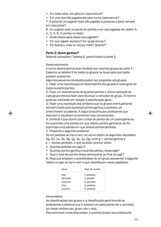 • Em todas elas, ele pára em casa branca?
• Em uma das três jogadas ele pára numa casa escura?
7. É possível um jogador fazer três jogadas sucessivas e parar sempre
em casa preta?
8. Um jogador está no ponto de partida e em seis jogadas ele obtém 5,
1, 3, 4, 6, 2 pontos no dado:
• Onde estará após essas seis jogadas?
• Em que jogada avançou? Em quais recuou?
• Ele avançou mais ou recuou mais? Quanto?

Parte 2: Quem ganhou?
Material necessário: Tabelas II, preenchidas na parte 1.

Desenvolvimento:
A turma deverá permanecer dividida nos mesmos grupos da parte 1.
Exponha as tabelas II de todos os grupos na lousa para que todos
possam analisá-las.
Algumas pequenas atividades podem ser propostas aos grupos:
1. Fazer uma classificação do desempenho dos grupos e outra geral de
todos os participantes.
2. Fazer um levantamento de quantos pontos o último colocado de
cada grupo deveria fazer para alcançar o vencedor do grupo. O mesmo
pode ser solicitado em relação à classificação geral.
3. Fazer uma exposição dos símbolos que os grupos eventualmente
tenham criado para expressar pontos ganhos e perdidos, ao
preencherem as tabelas. A seguir proponha aos professores que
discutam e escolham os símbolos mais convenientes.
4. Verificar o que ocorre com o total de pontos de um participante se
for suprimida uma partida em que obteve pontos ganhos ou se for
suprimida uma partida em que obteve pontos perdidos.
5. Proponha o seguinte problema:
Se em partidas do Vai-e-vem um aluno obtém os seguintes resultados:
5g, 2p, 1p, 2p, 3g, 1g, 1p, 1p, 2g, onde g = pontos ganhos e
p = pontos perdidos, o que se pode concluir sobre:
• Quantas partidas ele jogou?
• Quantos pontos ganhou e quantos perdeu nesse jogo?
• Qual o total de pontos desse participante ao final do jogo?
6. Peça que analisem a possibilidade de um grupo apresentar a seguinte
tabela no jogo do Vai-e-vem e que classifiquem esses jogadores:

            Aluno             Total de pontos

            Aldo              3   perdidos
            Bernardo          1   perdido
            Cleonice          5   perdidos
            Diva              3   perdidos
            Evandro           2   perdidos


Comentários:
As classificações dos grupos e a classificação geral levarão os
professores a observar que é possível um participante ser o vencedor
da classe embora seu grupo não o seja.
Para promover novas discussões, é possível propor aos professores

                                                                       212
 