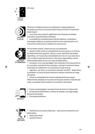 24 horas




Propiciar condições para que os professores e especialistas em
educação que atuam nas quatro séries finais do Ensino Fundamental
desenvolvam:
• uma visão mais ampla do significado dos conteúdos escolares
(conceitos, procedimentos e atitudes).
• a competência necessária para articular objetivos, conteúdos e
orientações didáticas, buscando transformar seu planejamento num
instrumento efetivo para o trabalho em sala de aula.

Ao final deste módulo, espera-se que os professores:
• possam refletir sobre as características de seus alunos, em termos
do desenvolvimento cognitivo, afetivo e social, identificar demandas
específicas, em função das necessidades do meio em que esse aluno
vive, e traduzir esses elementos em termos de capacidades a serem
desenvolvidas pelos alunos nas aulas de Matemática;
• conheçam uma nova abordagem dos conteúdos, dimensionando-os
em conceitos, procedimentos e atitudes, e possam reconhecer essas
dimensões ao trabalharem os conteúdos em sala de aula;
• organizem, por série, os conteúdos indicados nos PCN – Matemática
e percebam os níveis de aprofundamento desses conteúdos ao longo
das séries;
• sintam a necessidade de construir planejamentos que sejam
efetivamente utilizados como instrumentos para orientar o trabalho das
aulas, a avaliação desse trabalho e as possíveis retomadas.



• Ensino e aprendizagem nas séries finais do Ensino Fundamental;
• conteúdos de Matemática: critérios de seleção e de organização,
blocos de conteúdos.
• Orientações didáticas.




• Parâmetros Curriculares Nacionais – documento Introdutório e de
Matemática;
• papel para cartaz;
• canetas hidrocor.




                                                                    225
 