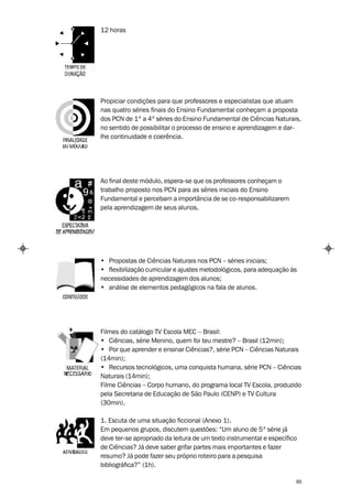 12 horas




Propiciar condições para que professores e especialistas que atuam
nas quatro séries finais do Ensino Fundamental conheçam a proposta
dos PCN de 1ª a 4ª séries do Ensino Fundamental de Ciências Naturais,
no sentido de possibilitar o processo de ensino e aprendizagem e dar-
lhe continuidade e coerência.




Ao final deste módulo, espera-se que os professores conheçam o
trabalho proposto nos PCN para as séries iniciais do Ensino
Fundamental e percebam a importância de se co-responsabilizarem
pela aprendizagem de seus alunos.




• Propostas de Ciências Naturais nos PCN – séries iniciais;
• flexibilização curricular e ajustes metodológicos, para adequação às
necessidades de aprendizagem dos alunos;
• análise de elementos pedagógicos na fala de alunos.




Filmes do catálogo TV Escola MEC – Brasil:
• Ciências, série Menino, quem foi teu mestre? – Brasil (12min);
• Por que aprender e ensinar Ciências?, série PCN – Ciências Naturais
(14min);
• Recursos tecnológicos, uma conquista humana, série PCN – Ciências
Naturais (14min);
Filme Ciências – Corpo humano, do programa local TV Escola, produzido
pela Secretaria de Educação de São Paulo (CENP) e TV Cultura
(30min).

1. Escuta de uma situação ficcional (Anexo 1).
Em pequenos grupos, discutem questões: “Um aluno de 5ª série já
deve ter-se apropriado da leitura de um texto instrumental e específico
de Ciências? Já deve saber grifar partes mais importantes e fazer
resumo? Já pode fazer seu próprio roteiro para a pesquisa
bibliográfica?” (1h).

                                                                      65
 