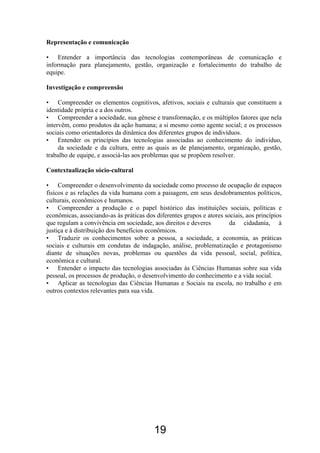 19
Representação e comunicação
• Entender a importância das tecnologias contemporâneas de comunicação e
informação para planejamento, gestão, organização e fortalecimento do trabalho de
equipe.
Investigação e compreensão
• Compreender os elementos cognitivos, afetivos, sociais e culturais que constituem a
identidade própria e a dos outros.
• Compreender a sociedade, sua gênese e transformação, e os múltiplos fatores que nela
intervêm, como produtos da ação humana; a si mesmo como agente social; e os processos
sociais como orientadores da dinâmica dos diferentes grupos de indivíduos.
• Entender os princípios das tecnologias associadas ao conhecimento do indivíduo,
da sociedade e da cultura, entre as quais as de planejamento, organização, gestão,
trabalho de equipe, e associá-las aos problemas que se propõem resolver.
Contextualização sócio-cultural
• Compreender o desenvolvimento da sociedade como processo de ocupação de espaços
fisicos e as relações da vida humana com a paisagem, em seus desdobramentos políticos,
culturais, econômicos e humanos.
• Compreender a produção e o papel histórico das instituições sociais, políticas e
econômicas, associando-as às práticas dos diferentes grupos e atores sociais, aos princípios
que regulam a convivência em sociedade, aos direitos e deveres da cidadania, à
justiça e à distribuição dos benefícios econômicos.
• Traduzir os conhecimentos sobre a pessoa, a sociedade, a economia, as práticas
sociais e culturais em condutas de indagação, análise, problematização e protagonismo
diante de situações novas, problemas ou questões da vida pessoal, social, política,
econômica e cultural.
• Entender o impacto das tecnologias associadas às Ciências Humanas sobre sua vida
pessoal, os processos de produção, o desenvolvimento do conhecimento e a vida social.
• Aplicar as tecnologias das Ciências Humanas e Sociais na escola, no trabalho e em
outros contextos relevantes para sua vida.
 