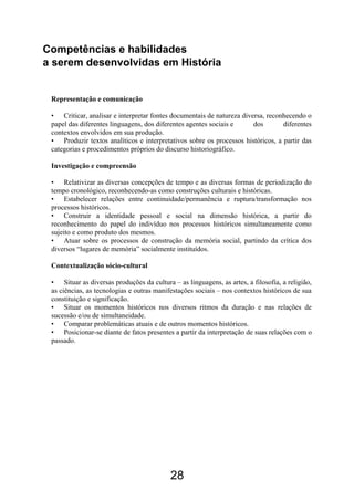 28
Competências e habilidades
a serem desenvolvidas em História
Representação e comunicação
• Criticar, analisar e interpretar fontes documentais de natureza diversa, reconhecendo o
papel das diferentes linguagens, dos diferentes agentes sociais e dos diferentes
contextos envolvidos em sua produção.
• Produzir textos analíticos e interpretativos sobre os processos históricos, a partir das
categorias e procedimentos próprios do discurso historiográfico.
Investigação e compreensão
• Relativizar as diversas concepções de tempo e as diversas formas de periodização do
tempo cronológico, reconhecendo-as como construções culturais e históricas.
• Estabelecer relações entre continuidade/permanência e ruptura/transformação nos
processos históricos.
• Construir a identidade pessoal e social na dimensão histórica, a partir do
reconhecimento do papel do indivíduo nos processos históricos simultaneamente como
sujeito e como produto dos mesmos.
• Atuar sobre os processos de construção da memória social, partindo da crítica dos
diversos “lugares de memória” socialmente instituídos.
Contextualização sócio-cultural
• Situar as diversas produções da cultura – as linguagens, as artes, a filosofia, a religião,
as ciências, as tecnologias e outras manifestações sociais – nos contextos históricos de sua
constituição e significação.
• Situar os momentos históricos nos diversos ritmos da duração e nas relações de
sucessão e/ou de simultaneidade.
• Comparar problemáticas atuais e de outros momentos históricos.
• Posicionar-se diante de fatos presentes a partir da interpretação de suas relações com o
passado.
 