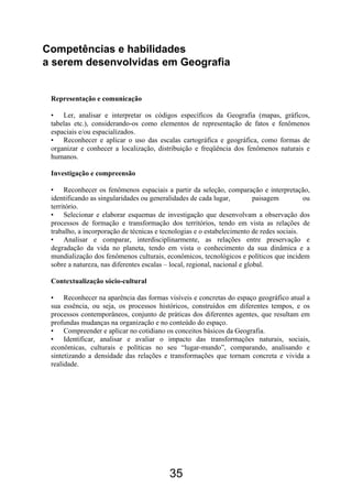35
Competências e habilidades
a serem desenvolvidas em Geografia
Representação e comunicação
• Ler, analisar e interpretar os códigos específicos da Geografia (mapas, gráficos,
tabelas etc.), considerando-os como elementos de representação de fatos e fenômenos
espaciais e/ou espacializados.
• Reconhecer e aplicar o uso das escalas cartográfica e geográfica, como formas de
organizar e conhecer a localização, distribuição e freqüência dos fenômenos naturais e
humanos.
Investigação e compreensão
• Reconhecer os fenômenos espaciais a partir da seleção, comparação e interpretação,
identificando as singularidades ou generalidades de cada lugar, paisagem ou
território.
• Selecionar e elaborar esquemas de investigação que desenvolvam a observação dos
processos de formação e transformação dos territórios, tendo em vista as relações de
trabalho, a incorporação de técnicas e tecnologias e o estabelecimento de redes sociais.
• Analisar e comparar, interdisciplinarmente, as relações entre preservação e
degradação da vida no planeta, tendo em vista o conhecimento da sua dinâmica e a
mundialização dos fenômenos culturais, econômicos, tecnológicos e políticos que incidem
sobre a natureza, nas diferentes escalas – local, regional, nacional e global.
Contextualização sócio-cultural
• Reconhecer na aparência das formas visíveis e concretas do espaço geográfico atual a
sua essência, ou seja, os processos históricos, construídos em diferentes tempos, e os
processos contemporâneos, conjunto de práticas dos diferentes agentes, que resultam em
profundas mudanças na organização e no conteúdo do espaço.
• Compreender e aplicar no cotidiano os conceitos básicos da Geografia.
• Identificar, analisar e avaliar o impacto das transformações naturais, sociais,
econômicas, culturais e políticas no seu “lugar-mundo”, comparando, analisando e
sintetizando a densidade das relações e transformações que tornam concreta e vivida a
realidade.
 