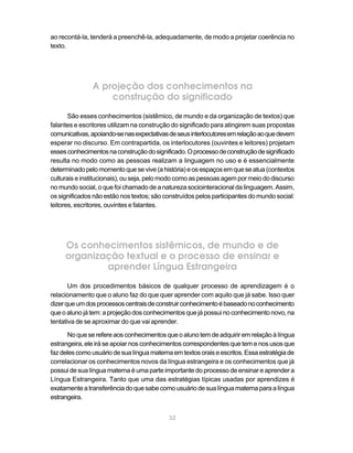 32
ao recontá-la, tenderá a preenchê-la, adequadamente, de modo a projetar coerência no
texto.
A projeção dos conhecimentos na
construção do significado
São esses conhecimentos (sistêmico, de mundo e da organização de textos) que
falantes e escritores utilizam na construção do significado para atingirem suas propostas
comunicativas,apoiando-senasexpectativasdeseusinterlocutoresemrelaçãoaoquedevem
esperar no discurso. Em contrapartida, os interlocutores (ouvintes e leitores) projetam
essesconhecimentosnaconstruçãodosignificado.Oprocessodeconstruçãodesignificado
resulta no modo como as pessoas realizam a linguagem no uso e é essencialmente
determinadopelomomentoquesevive(ahistória)eosespaçosemqueseatua(contextos
culturais e institucionais), ou seja, pelo modo como as pessoas agem por meio do discurso
no mundo social, o que foi chamado de a natureza sociointeracional da linguagem. Assim,
os significados não estão nos textos; são construídos pelos participantes do mundo social:
leitores, escritores, ouvintes e falantes.
Os conhecimentos sistêmicos, de mundo e de
organização textual e o processo de ensinar e
aprender Língua Estrangeira
Um dos procedimentos básicos de qualquer processo de aprendizagem é o
relacionamento que o aluno faz do que quer aprender com aquilo que já sabe. Isso quer
dizerqueumdosprocessoscentraisdeconstruirconhecimentoébaseadonoconhecimento
que o aluno já tem: a projeção dos conhecimentos que já possui no conhecimento novo, na
tentativa de se aproximar do que vai aprender.
No que se refere aos conhecimentos que o aluno tem de adquirir em relação à língua
estrangeira, ele irá se apoiar nos conhecimentos correspondentes que tem e nos usos que
fazdelescomousuáriodesualínguamaternaemtextosoraiseescritos.Essaestratégiade
correlacionar os conhecimentos novos da língua estrangeira e os conhecimentos que já
possui de sua língua materna é uma parte importante do processo de ensinar e aprender a
Língua Estrangeira. Tanto que uma das estratégias típicas usadas por aprendizes é
exatamenteatransferênciadoquesabecomousuáriodesualínguamaternaparaalíngua
estrangeira.
 