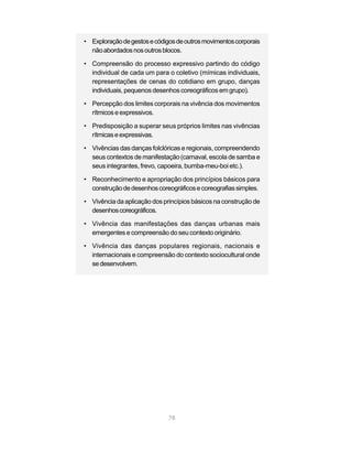 • Exploração de gestos e códigos de outros movimentos corporais
  não abordados nos outros blocos.

• Compreensão do processo expressivo partindo do código
  individual de cada um para o coletivo (mímicas individuais,
  representações de cenas do cotidiano em grupo, danças
  individuais, pequenos desenhos coreográficos em grupo).

• Percepção dos limites corporais na vivência dos movimentos
  rítmicos e expressivos.

• Predisposição a superar seus próprios limites nas vivências
  rítmicas e expressivas.

• Vivências das danças folclóricas e regionais, compreendendo
  seus contextos de manifestação (carnaval, escola de samba e
  seus integrantes, frevo, capoeira, bumba-meu-boi etc.).

• Reconhecimento e apropriação dos princípios básicos para
  construção de desenhos coreográficos e coreografias simples.

• Vivência da aplicação dos princípios básicos na construção de
  desenhos coreográficos.

• Vivência das manifestações das danças urbanas mais
  emergentes e compreensão do seu contexto originário.

• Vivência das danças populares regionais, nacionais e
  internacionais e compreensão do contexto sociocultural onde
  se desenvolvem.




                              78
 