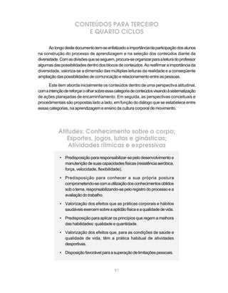 CONTEÚDOS PARA TERCEIRO
                        E QUARTO CICLOS

       Ao longo deste documento tem-se enfatizado a importância da participação dos alunos
na construção do processo de aprendizagem e na seleção dos conteúdos diante da
diversidade. Com as divisões que se seguem, procura-se organizar para a leitura do professor
algumas das possibilidades dentro dos blocos de conteúdos. Ao reafirmar a importância da
diversidade, valoriza-se a dimensão das múltiplas leituras da realidade e a conseqüente
ampliação das possibilidades de comunicação e relacionamento entre as pessoas.

      Este item aborda inicialmente os conteúdos dentro de uma perspectiva atitudinal,
com a intenção de reforçar o olhar sobre essa categoria de conteúdos visando à sistematização
de ações planejadas de encaminhamento. Em seguida, as perspectivas conceituais e
procedimentais são propostas lado a lado, em função do diálogo que se estabelece entre
essas categorias, na aprendizagem e ensino da cultura corporal de movimento.




            Atitudes: Conhecimento sobre o corpo;
               Esportes, jogos, lutas e ginásticas;
                Atividades rítmicas e expressivas
            • Predisposição para responsabilizar-se pelo desenvolvimento e
              manutenção de suas capacidades físicas (resistência aeróbica,
              força, velocidade, flexibilidade).

            • Predisposição para conhecer a sua própria postura
              comprometendo-se com a utilização dos conhecimentos obtidos
              sob o tema, responsabilizando-se pelo registro do processo e a
              avaliação do trabalho.

            • Valorização dos efeitos que as práticas corporais e hábitos
              saudáveis exercem sobre a aptidão física e a qualidade de vida.

            • Predisposição para aplicar os princípios que regem a melhora
              das habilidades: qualidade e quantidade.

            • Valorização dos efeitos que, para as condições de saúde e
              qualidade de vida, têm a prática habitual de atividades
              desportivas.

            • Disposição favorável para a superação de limitações pessoais.



                                             91
 