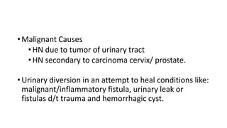 • Malignant Causes
•HN due to tumor of urinary tract
•HN secondary to carcinoma cervix/ prostate.
• Urinary diversion in an attempt to heal conditions like:
malignant/inflammatory fistula, urinary leak or
fistulas d/t trauma and hemorrhagic cyst.
 