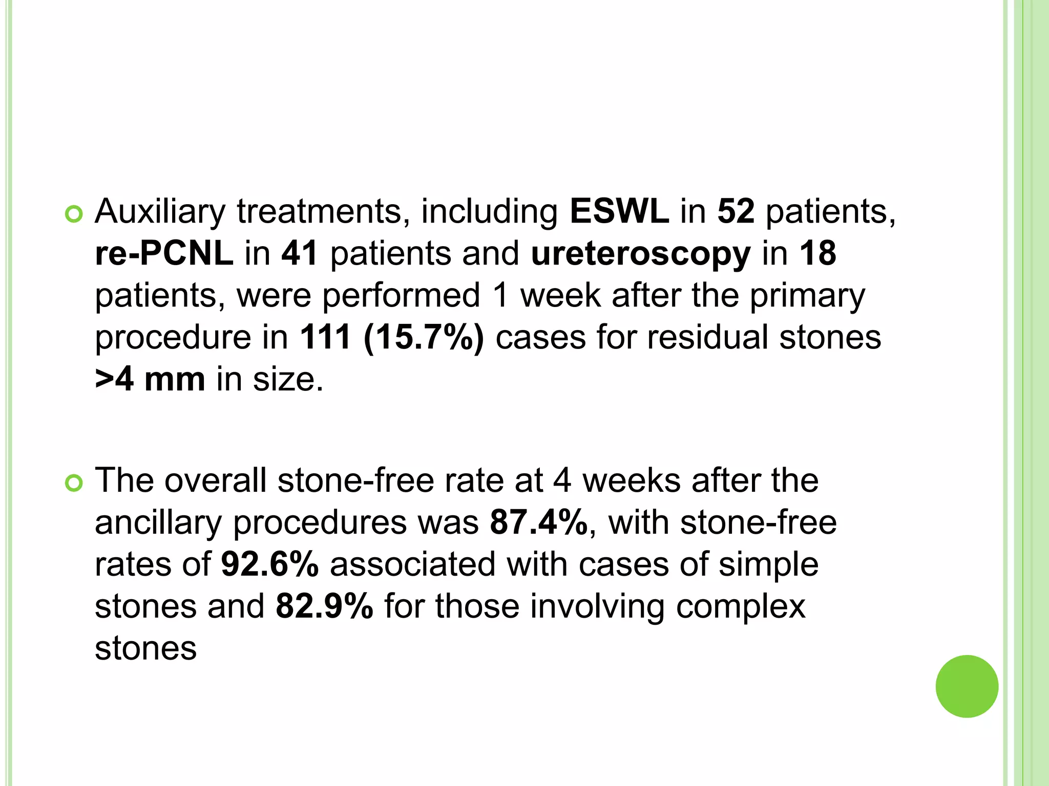  Auxiliary treatments, including ESWL in 52 patients,
re-PCNL in 41 patients and ureteroscopy in 18
patients, were performed 1 week after the primary
procedure in 111 (15.7%) cases for residual stones
>4 mm in size.
 The overall stone-free rate at 4 weeks after the
ancillary procedures was 87.4%, with stone-free
rates of 92.6% associated with cases of simple
stones and 82.9% for those involving complex
stones
 