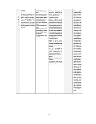 ESPORTE                           1) Modalidades espor-         I - Para a construção da          . Por exemplo,
                                      tivas:                        descrição, selecionam-se          apresentar o tema
    Em sala de aula podem ser         (I) componentes utiliza-      como fundamentais os              a partir de uma re-
S   negociados com os alunos          dos nos esportes (instru-     processos relativos ao:           portagem jorna-
U   modos de enfocar este tema.       mental de apoio, vestuá-      1) sintagma nominal:              lística (de fontes
G   Por exemplo, a relação esporte/   rio, participantes etc.);     (I) determinação, no que diz      escritas ou orais)
E   cultura, levando em               (II) regras de jogos;         respeito ao sentido criado        em que elementos
S   consideração os diferentes        (III) espaço destinado ao     pela presença ou ausência do      descritivos e nar-
T   países onde se praticam as        jogo;                         emprego de artigos,               rativos possam
Õ   modalidades em estudo, além       (IV) tempo relacionado à      pronomes demonstrativos e         ser aproveitados
E   do Brasil.                        ação.                         indefinidos, e quantificadores;   na produção, as-
S                                     2) Corpo humano como          (II) adjetivação, identificação   sim como se pos-
                                      parte inerente ao esporte:    do sentido do uso de adjetivos    sa acionar os ele-
                                      (I) identificação das par-    no processo descritivo, bem       mentos que indi-
                                      tes do corpo;                 como das possibilidades de        cam a natureza
                                      (II) situações de risco:      expressar idéias comparativas     sociointeracional
                                      acidentes.                    e superlativas;                   da linguagem.
                                                                    2) sintagma verbal:               . A produção a ser
                                                                    papel do tempo verbal             solicitada ao aluno
                                                                    indicador do momento              vai variar confor-
                                                                    presente e as suas relações de    me o conhecimen-
                                                                    sentido no contexto da            to já adquirido so-
                                                                    descrição.                        bre os tipos de
                                                                    II - Para a construção da         texto. Por exem-
                                                                    narração, selecionam-se           plo, no caso do
                                                                    como fundamentais os              domínio da estru-
                                                                    processos relativos aos:          tura de uma comu-
                                                                    (I)marcadores de tempo e          nicação pessoal
                                                                    espaço;                           escrita, são possí-
                                                                    (II)pronomes de caráter           veis algumas ativi-
                                                                    anafórico;                        dades: identificar
                                                                    (III) papel do tempo verbal       a partir de traços
                                                                    indicador de ações passadas.      físicos persona-
                                                                                                      gens do mundo
                                                                                                      esportivo, de co-
                                                                                                      nhecimento dos
                                                                                                      alunos; descrever
                                                                                                      colegas que parti-
                                                                                                      cipam de ativida-
                                                                                                      des esportivas na
                                                                                                      escola; narrar em
                                                                                                      forma de breve
                                                                                                      notícia de jornal
                                                                                                      um acontecimen-
                                                                                                      to desportivo quer
                                                                                                      relacionado à es-
                                                                                                      cola, quer a outras
                                                                                                      comunidades nas
                                                                                                      quais participa o
                                                                                                      aluno.




                                                                   105
 