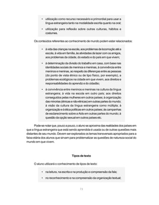 • utilização como recurso necessário e primordial para usar a
              língua estrangeira tanto na modalidade escrita quanto na oral;

            • utilização para reflexão sobre outras culturas, hábitos e
              costumes.

      Os conteúdos referentes ao conhecimento de mundo podem estar relacionados:

            • à vida das crianças na escola, aos problemas de locomoção até a
              escola, à vida em família, às atividades de lazer com os amigos,
              aos problemas da cidade, do estado e do país em que vivem;

            • à determinação da divisão do trabalho em casa, com base nas
              identidades sociais de meninos e meninas, à convivência entre
              meninos e meninas, ao respeito às diferenças entre as pessoas
              (do ponto de vista étnico ou de tipo físico, por exemplo), a
              problemas ecológicos na cidade em que vivem, aos direitos e
              responsabilidades do aprendiz e do cidadão;

            • à convivência entre meninos e meninas na cultura da língua
              estrangeira; à vida na escola em outro país; aos direitos
              conseguidos pelas mulheres em outros países; à organização
              das minorias (étnicas e não-étnicas) em outras partes do mundo;
              à visão da cultura da língua estrangeira como múltipla; à
              organização e à ética políticas em outros países; às campanhas
              de esclarecimento sobre a Aids em outras partes do mundo; à
              questão da opção sexual em outros países etc.

       Pode-se notar que, pouco a pouco, o aluno se aproxima das realidades dos países em
que a língua estrangeira que está sendo aprendida é usada ou de outras questões mais
distantes de seu mundo. Devem ser explorados os temas transversais apropriados para a
faixa etária dos alunos que sirvam para problematizar as questões de natureza social do
mundo em que vivem.



                                     Tipos de texto

      O aluno utilizará o conhecimento de tipos de texto:

            • na leitura, na escrita e na produção e compreensão da fala;

            • no reconhecimento e na compreensão da organização textual;


                                           73
 