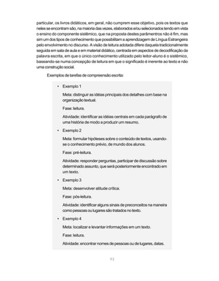 particular, os livros didáticos, em geral, não cumprem esse objetivo, pois os textos que
neles se encontram são, na maioria das vezes, elaborados e/ou selecionados tendo em vista
o ensino do componente sistêmico, que na proposta destes parâmentros não é fim, mas
sim um dos tipos de conhecimento que possibilitam a aprendizagem de Língua Estrangeira
pelo envolvimento no discurso. A visão de leitura adotada difere daquela tradicionalmente
seguida em sala de aula e em material didático, centrada em aspectos de decodificação da
palavra escrita, em que o único conhecimento utilizado pelo leitor-aluno é o sistêmico,
baseando-se numa concepção de leitura em que o significado é inerente ao texto e não
uma construção social.

      Exemplos de tarefas de compreensão escrita:

            • Exemplo 1

               Meta: distinguir as idéias principais dos detalhes com base na
               organização textual.

               Fase: leitura.

               Atividade: identificar as idéias centrais em cada parágrafo de
               uma história de modo a produzir um resumo.

            • Exemplo 2

               Meta: formular hipóteses sobre o conteúdo de textos, usando-
               se o conhecimento prévio, de mundo dos alunos.

               Fase: pré-leitura.

               Atividade: responder perguntas, participar de discussão sobre
               determinado assunto, que será posteriormente encontrado em
               um texto.

            • Exemplo 3

               Meta: desenvolver atitude crítica.

               Fase: pós-leitura.

               Atividade: identificar alguns sinais de preconceitos na maneira
               como pessoas ou lugares são tratados no texto.

            • Exemplo 4

               Meta: localizar e levantar informações em um texto.

               Fase: leitura.

               Atividade: encontrar nomes de pessoas ou de lugares, datas.


                                           93
 