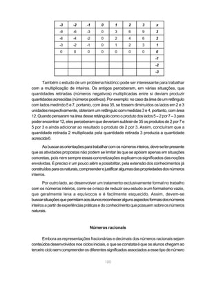 -3       -2      -1       0         1     2       3       x
                -9       -6      -3       0         3     6       9       3
                -6       -4      -2       0         2     4       6       2
                -3       -2      -1       0         1     2       3       1
                 0       0       0        0         0     0       0       0
                                                                          -1
                                                                          -2
                                                                          -3

      Também o estudo de um problema histórico pode ser interessante para trabalhar
com a multiplicação de inteiros. Os antigos perceberam, em várias situações, que
quantidades retiradas (números negativos) multiplicadas entre si deviam produzir
quantidades acrescidas (números positivos). Por exemplo: no caso da área de um retângulo
com lados medindo 5 e 7, portanto, com área 35, se fossem diminuídos os lados em 2 e 3
unidades respectivamente, obteriam um retângulo com medidas 3 e 4, portanto, com área
12. Quando pensaram na área desse retângulo como o produto dos lados 5 – 2 por 7 – 3 para
poder encontrar 12, eles perceberam que deveriam subtrair de 35 os produtos de 2 por 7 e
5 por 3 e ainda adicionar ao resultado o produto de 2 por 3. Assim, concluíram que a
quantidade retirada 2 multiplicada pela quantidade retirada 3 produzia a quantidade
acrescida 6.

       Ao buscar as orientações para trabalhar com os números inteiros, deve-se ter presente
que as atividades propostas não podem se limitar às que se apóiam apenas em situações
concretas, pois nem sempre essas concretizações explicam os significados das noções
envolvidas. É preciso ir um pouco além e possibilitar, pela extensão dos conhecimentos já
construídos para os naturais, compreender e justificar algumas das propriedades dos números
inteiros.

       Por outro lado, ao desenvolver um tratamento exclusivamente formal no trabalho
com os números inteiros, corre-se o risco de reduzir seu estudo a um formalismo vazio,
que geralmente leva a equívocos e é facilmente esquecido. Assim, devem-se
buscar situações que permitam aos alunos reconhecer alguns aspectos formais dos números
inteiros a partir de experiências práticas e do conhecimento que possuem sobre os números
naturais.



                                     Números racionais

       Embora as representações fracionárias e decimais dos números racionais sejam
conteúdos desenvolvidos nos ciclos iniciais, o que se constata é que os alunos chegam ao
terceiro ciclo sem compreender os diferentes significados associados a esse tipo de número

                                              100
 