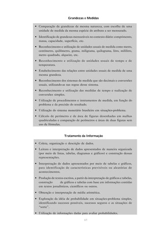 Grandezas e Medidas

• Comparação de grandezas de mesma natureza, com escolha de uma
  unidade de medida da mesma espécie do atributo a ser mensurado.

• Identificação de grandezas mensuráveis no contexto diário: comprimento,
  massa, capacidade, superfície, etc.
• Reconhecimento e utilização de unidades usuais de medida como metro,
  centímetro, quilômetro, grama, miligrama, quilograma, litro, mililitro,
  metro quadrado, alqueire, etc.
• Reconhecimento e utilização de unidades usuais de tempo e de
  temperatura.
• Estabelecimento das relações entre unidades usuais de medida de uma
  mesma grandeza.
• Reconhecimento dos sistemas de medida que são decimais e conversões
  usuais, utilizando-as nas regras desse sistema.
• Reconhecimento e utilização das medidas de tempo e realização de
  conversões simples.
• Utilização de procedimentos e instrumentos de medida, em função do
  problema e da precisão do resultado.
• Utilização do sistema monetário brasileiro em situações-problema.
• Cálculo de perímetro e de área de figuras desenhadas em malhas
  quadriculadas e comparação de perímetros e áreas de duas figuras sem
  uso de fórmulas.


                       Tratamento da Informação

• Coleta, organização e descrição de dados.
• Leitura e interpretação de dados apresentados de maneira organizada
  (por meio de listas, tabelas, diagramas e gráficos) e construção dessas
  representações.

• Interpretação de dados apresentados por meio de tabelas e gráficos,
  para identificação de características previsíveis ou aleatórias de
  acontecimentos.

• Produção de textos escritos, a partir da interpretação de gráficos e tabelas,
  construção      de gráficos e tabelas com base em informações contidas
  em textos jornalísticos, científicos ou outros.

• Obtenção e interpretação de média aritmética.

• Exploração da idéia de probabilidade em situações-problema simples,
  identificando sucessos possíveis, sucessos seguros e as situações de
  “sorte”.

• Utilização de informações dadas para avaliar probabilidades.

                                        61
 