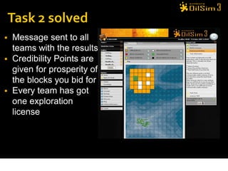  Message sent to all
  teams with the results
 Credibility Points are
  given for prosperity of
  the blocks you bid for
 Every team has got
  one exploration
  license
 