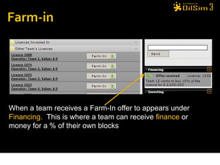 When a team receives a Farm-In offer to appears under
Financing. This is where a team can receive finance or
money for a % of their own blocks
 