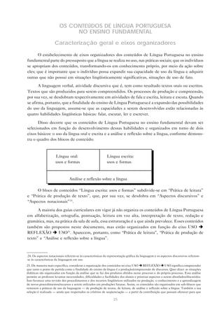 OS CONTEÚDOS DE LÍNGUA PORTUGUESA
                             NO ENSINO FUNDAMENTAL
                     Caracterização geral e eixos organizadores

       O estabelecimento de eixos organizadores dos conteúdos de Língua Portuguesa no ensino
fundamental parte do pressuposto que a língua se realiza no uso, nas práticas sociais; que os indivíduos
se apropriam dos conteúdos, transformando-os em conhecimento próprio, por meio da ação sobre
eles; que é importante que o indivíduo possa expandir sua capacidade de uso da língua e adquirir
outras que não possui em situações lingüisticamente significativas, situações de uso de fato.

       A linguagem verbal, atividade discursiva que é, tem como resultado textos orais ou escritos.
Textos que são produzidos para serem compreendidos. Os processos de produção e compreensão,
por sua vez, se desdobram respectivamente em atividades de fala e escrita, leitura e escuta. Quando
se afirma, portanto, que a finalidade do ensino de Língua Portuguesa é a expansão das possibilidades
do uso da linguagem, assume-se que as capacidades a serem desenvolvidas estão relacionadas às
quatro habilidades lingüísticas básicas: falar, escutar, ler e escrever.

       Disso decorre que os conteúdos de Língua Portuguesa no ensino fundamental devam ser
selecionados em função do desenvolvimento dessas habilidades e organizados em torno de dois
eixos básicos: o uso da língua oral e escrita e a análise e reflexão sobre a língua, conforme demons-
tra o quadro dos blocos de conteúdo:



                     Língua oral:                           Língua escrita:
                     usos e formas                          usos e formas



                                Análise e reflexão sobre a língua

     O bloco de conteúdos “Língua escrita: usos e formas” subdivide-se em “Prática de leitura”
e “Prática de produção de texto”, que, por sua vez, se desdobra em “Aspectos discursivos” e
“Aspectos notacionais”24 .

      A maioria dos guias curriculares em vigor já não organiza os conteúdos de Língua Portuguesa
em alfabetização, ortografia, pontuação, leitura em voz alta, interpretação de texto, redação e
gramática, mas, na prática da sala de aula, essa estruturação é a que ainda prevalece. Esses conteúdos
também são propostos neste documento, mas estão organizados em função do eixo USO è
REFLEXÃO è USO25. Aparecem, portanto, como “Prática de leitura”, “Prática de produção de
texto” e “Análise e reflexão sobre a língua”.



24. Os aspectos notacionais referem-se às características da representação gráfica da linguagem e os aspectos discursivos referem-
se às características da linguagem em uso.
25. De maneira mais específica, considerar a organização dos conteúdos no eixo USO è REFLEXÃO è USO significa compreender
que tanto o ponto de partida como a finalidade do ensino da língua é a produção/compreensão de discursos. Quer dizer: as situações
didáticas são organizadas em função da análise que se faz dos produtos obtidos nesse processo e do próprio processo. Essa análise
permite ao professor levantar necessidades, dificuldades e facilidades dos alunos e priorizar aspectos a serem abordados/discutidos.
Isso favorece uma revisão dos procedimentos e dos recursos lingüísticos utilizados na produção, o conhecimento e a aprendizagem
de novos procedimentos/recursos a serem utilizados em produções futuras. Assim, os conteúdos são organizados em sub-blocos que
remetem a práticas de uso da linguagem — de produção de textos, de leitura, de análise e reflexão sobre a língua. Também a sua
seleção é realizada — ainda que respeitados os critérios de seqüenciação — a partir da contribuição que possam oferecer para que

                                                                 35
 