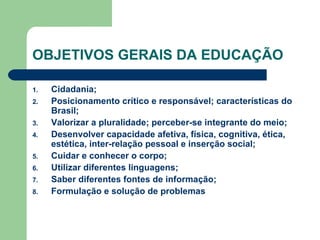 OBJETIVOS GERAIS DA EDUCAÇÃO Cidadania; Posicionamento crítico e responsável; características do Brasil; Valorizar a pluralidade; perceber-se integrante do meio; Desenvolver capacidade afetiva, física, cognitiva, ética, estética, inter-relação pessoal e inserção social; Cuidar e conhecer o corpo; Utilizar diferentes linguagens; Saber diferentes fontes de informação; Formulação e solução de problemas  