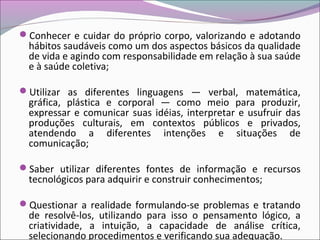 Conhecer e cuidar do próprio corpo, valorizando e adotando
hábitos saudáveis como um dos aspectos básicos da qualidade
de vida e agindo com responsabilidade em relação à sua saúde
e à saúde coletiva;
Utilizar as diferentes linguagens — verbal, matemática,
gráfica, plástica e corporal — como meio para produzir,
expressar e comunicar suas idéias, interpretar e usufruir das
produções culturais, em contextos públicos e privados,
atendendo a diferentes intenções e situações de
comunicação;
Saber utilizar diferentes fontes de informação e recursos
tecnológicos para adquirir e construir conhecimentos;
Questionar a realidade formulando-se problemas e tratando
de resolvê-los, utilizando para isso o pensamento lógico, a
criatividade, a intuição, a capacidade de análise crítica,
selecionando procedimentos e verificando sua adequação.
 