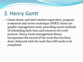 2. Henry Gantt
 Gantt charts, and their modern equivalent, program

evaluation and review technique (PERT) charts are
gra...