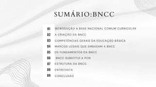 INTRODUÇÃO A BASE NACIONAL COMUM CURRICULAR
SUMÁRIO:BNCC
A CRIAÇÃO DA BNCC
MARCOS LEGAIS QUE EMBASAM A BNCC
OS FUNDAMENTOS DA BNCC
ESTRUTURA DA BNCC
COMPETÊNCIAS GERAIS DA EDUCAÇÃO BÁSICA
CONCLUSÃO
BNCC SUBSTITUI A PCN
ENTREVISTA
01
02
03
04
05
06
07
08
09
 