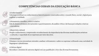 1.Conhecimentos
Valorizar e utilizar os conhecimentos historicamente construídos sobre o mundo físico, social e digital para
explicar a realidade.
2.Pensamento científico, crítico e criativo
Fala do desenvolvimento do raciocínio e questionamento, da análise crítica e da busca por soluções criativas
e inovadoras.
3.Repertório cultural
Propõe conhecimento, compreensão reconhecimento da importância das diversas manifestações artísticas
e culturais, e capacidade de se expressar por meio das artes.
4.Comunicação
Crianças e jovens necessitam entender, analisar criticamente e saber se expressar utilizando uma variedade de
linguagens e plataformas.
5.Cultura digital
Reconhece o domínio do universo digital com uso qualificado e ético das diversas ferramentas.
COMPETÊNCIAS GERAIS DA EDUCAÇÃO BÁSICA
 