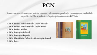 PCN Ensino Fundamental - Ciclos Iniciais
1.
PCN Ensino Fundamental - Ciclos Finais
2.
PCN Ensino Médio
3.
PCN Educação Infantil
4.
PCN Educação Especial
5.
PCN Pluralidade Cultural e Orientação Sexual
6.
PCN Ética
7.
PCN
Foram desenvolvidos em uma série de volumes, cada um correspondendo a uma etapa ou modalidade
específica da Educação Básica. Os principais documentos PCN são:
 