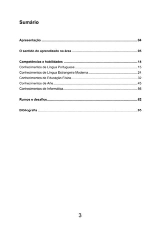 Sumário


Apresentação .......................................................................................................... 04


O sentido do aprendizado na área ........................................................................ 05


Competências e habilidades ................................................................................. 14
Conhecimentos de Língua Portuguesa ..................................................................... 15
Conhecimentos de Língua Estrangeira Moderna ...................................................... 24
Conhecimentos de Educação Física ......................................................................... 32
Conhecimentos de Arte............................................................................................. 45
Conhecimentos de Informática.................................................................................. 56


Rumos e desafios.................................................................................................... 62


Bibliografia .............................................................................................................. 65




                                                             3
 