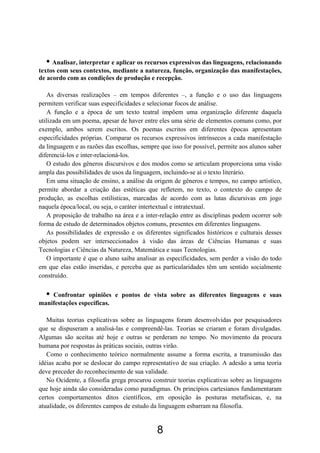 • Analisar, interpretar e aplicar os recursos expressivos das linguagens, relacionando
textos com seus contextos, mediante a natureza, função, organização das manifestações,
de acordo com as condições de produção e recepção.

   As diversas realizações – em tempos diferentes –, a função e o uso das linguagens
permitem verificar suas especificidades e selecionar focos de análise.
   A função e a época de um texto teatral impõem uma organização diferente daquela
utilizada em um poema, apesar de haver entre eles uma série de elementos comuns como, por
exemplo, ambos serem escritos. Os poemas escritos em diferentes épocas apresentam
especificidades próprias. Comparar os recursos expressivos intrínsecos a cada manifestação
da linguagem e as razões das escolhas, sempre que isso for possível, permite aos alunos saber
diferenciá-los e inter-relacioná-los.
   O estudo dos gêneros discursivos e dos modos como se articulam proporciona uma visão
ampla das possibilidades de usos da linguagem, incluindo-se aí o texto literário.
   Em uma situação de ensino, a análise da origem de gêneros e tempos, no campo artístico,
permite abordar a criação das estéticas que refletem, no texto, o contexto do campo de
produção, as escolhas estilísticas, marcadas de acordo com as lutas dicursivas em jogo
naquela época/local, ou seja, o caráter intertextual e intratextual.
   A proposição de trabalho na área e a inter-relação entre as disciplinas podem ocorrer sob
forma de estudo de determinados objetos comuns, presentes em diferentes linguagens.
   As possibilidades de expressão e os diferentes significados históricos e culturais desses
objetos podem ser interseccionados à visão das áreas de Ciências Humanas e suas
Tecnologias e Ciências da Natureza, Matemática e suas Tecnologias.
   O importante é que o aluno saiba analisar as especificidades, sem perder a visão do todo
em que elas estão inseridas, e perceba que as particularidades têm um sentido socialmente
construído.

  • Confrontar opiniões e pontos de vista sobre as diferentes linguagens e suas
manifestações específicas.

   Muitas teorias explicativas sobre as linguagens foram desenvolvidas por pesquisadores
que se dispuseram a analisá-las e compreendê-las. Teorias se criaram e foram divulgadas.
Algumas são aceitas até hoje e outras se perderam no tempo. No movimento da procura
humana por respostas às práticas sociais, outras virão.
   Como o conhecimento teórico normalmente assume a forma escrita, a transmissão das
idéias acaba por se deslocar do campo representativo de sua criação. A adesão a uma teoria
deve preceder do reconhecimento de sua validade.
   No Ocidente, a filosofia grega procurou construir teorias explicativas sobre as linguagens
que hoje ainda são consideradas como paradigmas. Os princípios cartesianos fundamentaram
certos comportamentos ditos científicos, em oposição às posturas metafísicas, e, na
atualidade, os diferentes campos de estudo da linguagem esbarram na filosofia.


                                             8
 