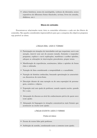 • relatos históricos, textos de enciclopédia, verbetes de dicionário, textos
             expositivos de diferentes fontes (fascículos, revistas, livros de consulta,
             didáticos, etc.).



                                      Blocos de conteúdos

      Encontram-se relacionados neste item os conteúdos referentes a cada um dos blocos de
conteúdos. São aqueles considerados imprescindíveis para que a conquista dos objetivos propostos
seja possível ao aluno.




                               LÍNGUA ORAL: USOS E FORMAS

           • Participação em situações de intercâmbio oral que requeiram: ouvir com
             atenção, intervir sem sair do assunto tratado, formular e responder
             perguntas, explicar e ouvir explicações, manifestar e acolher opiniões,
             adequar as colocações às intervenções precedentes, propor temas.

           • Manifestação de experiências, sentimentos, idéias e opiniões de forma
             clara e ordenada.

           • Narração de fatos considerando a temporalidade e a causalidade.

           • Narração de histórias conhecidas, buscando aproximação às característi-
             cas discursivas do texto-fonte.

           • Descrição (dentro de uma narração ou de uma exposição) de persona-
             gens, cenários e objetos.

           • Exposição oral com ajuda do professor, usando suporte escrito, quando
             for o caso.

           • Adequação do discurso ao nível de conhecimento prévio de quem ouve
             (com ajuda).

           • Adequação da linguagem às situações comunicativas mais formais que
             acontecem na escola (com ajuda).

                             LÍNGUA ESCRITA: USOS E FORMAS

                                         Prática de leitura

           • Escuta de textos lidos pelo professor.

           • Atribuição de sentido, coordenando texto e contexto (com ajuda).

                                                 73
 