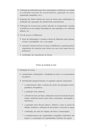 • Utilização de indicadores para fazer antecipações e inferências em relação
  ao conteúdo (sucessão de acontecimentos, paginação do texto,
  organização tipográfica, etc.).

• Emprego dos dados obtidos por meio da leitura para confirmação ou
  retificação das suposições de sentido feitas anteriormente.

• Utilização de recursos para resolver dúvidas na compreensão: consulta
  ao professor ou aos colegas, formulação de uma suposição a ser verificada
  adiante, etc.

• Uso de acervos e bibliotecas:

   • busca de informações e consulta a fontes de diferentes tipos (jornais,
     revistas, enciclopédias, etc.), com ajuda;

   • manuseio e leitura de livros na classe, na biblioteca e, quando possível,
     empréstimo de materiais para leitura em casa (com supervisão do
     professor);

   • socialização das experiências de leitura.




                         Prática de produção de texto

• Produção de textos:

   • considerando o destinatário, a finalidade do texto e as características
     do gênero;

   • introduzindo progressivamente os seguintes aspectos notacionais:

      * o conhecimento sobre o sistema de escrita em português (corres-
        pondência fonográfica);

      * a separação entre palavras;

      * a divisão do texto em frases, utilizando recursos do sistema de pon-
        tuação: maiúscula inicial, ponto final, exclamação, interrogação e
        reticências;

      * a separação entre discurso direto e indireto e entre os turnos do
        diálogo, mediante a utilização de dois pontos e travessão ou aspas;

      * a indicação, por meio de vírgulas, das listas e enumerações;

      * o estabelecimento das regularidades ortográficas (inferência das
        regras) e a constatação de irregularidades (ausência de regras);



                                      74
 
