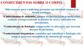 CONHECIMENTOS SOBRE O CORPO
*Dão recursos para o indivíduo gerenciar sua atividade corporal de
forma autônoma.
*Conhecimentos de anatomia: enfoque da percepção do próprio corpo,
sentindo e compreendendo as funções de ossos e músculos nos
movimentos.
*Conhecimento de fisiologia: compreender as alterações que ocorrem
durante as atividades.
*Conhecimento bioquímicos: conteúdos que subsidiam a fisiologia, tais
como os processos metabólicos de obtenção de energia.
 