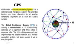 GPS
6/6/2023 24
The Global Positioning System (GPS) is
actually a constellation of 27 Earth-orbiting
satellites (24 in operation and three extras in
case one fails). The U.S. military developed and
implemented this satellite network as a military
navigation system, but soon opened it up to
everybody else.
GPS stands for Global Positioning System. It is a
satellite-based navigation system that provides
location and time information in all weather
conditions, anywhere on or near the Earth's
surface.
 