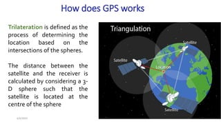 How does GPS works
6/6/2023 28
Trilateration is defined as the
process of determining the
location based on the
intersections of the spheres.
The distance between the
satellite and the receiver is
calculated by considering a 3-
D sphere such that the
satellite is located at the
centre of the sphere
 