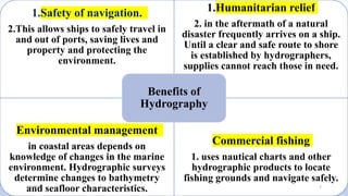 1.Safety of navigation.
2.This allows ships to safely travel in
and out of ports, saving lives and
property and protecting the
environment.
1.Humanitarian relief
2. in the aftermath of a natural
disaster frequently arrives on a ship.
Until a clear and safe route to shore
is established by hydrographers,
supplies cannot reach those in need.
Environmental management
in coastal areas depends on
knowledge of changes in the marine
environment. Hydrographic surveys
determine changes to bathymetry
and seafloor characteristics.
Commercial fishing
1. uses nautical charts and other
hydrographic products to locate
fishing grounds and navigate safely.
Benefits of
Hydrography
6/6/2023 7
 
