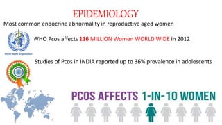 EPIDEMIOLOGY
Most common endocrine abnormality in reproductive aged women
WHO Pcos affects 116 MILLION Women WORLD WIDE in 2012
Studies of Pcos in INDIA reported up to 36% prevalence in adolescents
 