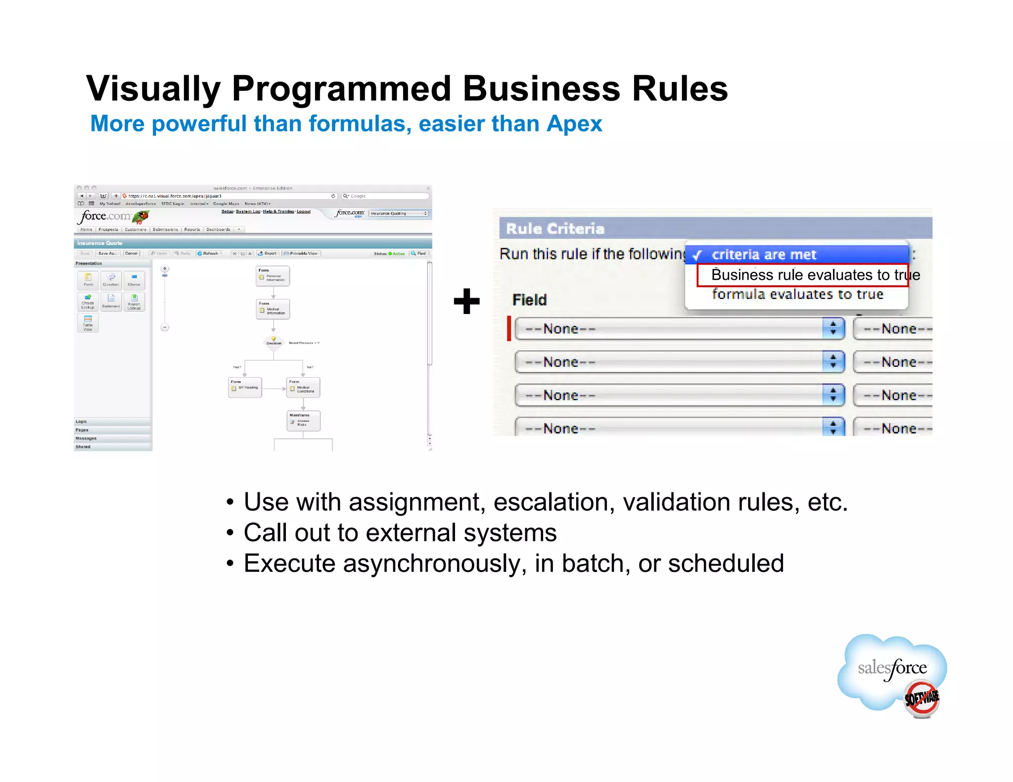 Visually Programmed Business Rules
More powerful than formulas, easier than Apex




                                                       Business rule evaluates to true

                               +


           • Use with assignment, escalation, validation rules, etc.
           • Call out to external systems
           • Execute asynchronously, in batch, or scheduled
 