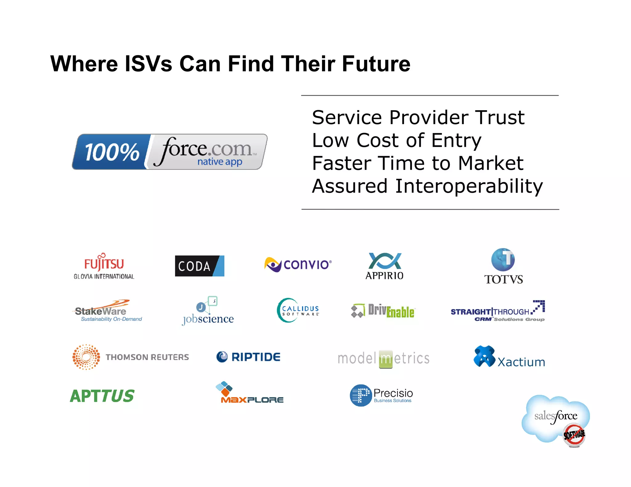 Where ISVs Can Find Their Future

                       Service Provider Trust
                       Low Cost of Entry
                       Faster Time to Market
                       Assured Interoperability
 