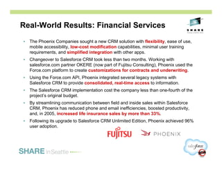 Real-World Results: Financial Services
•   The Phoenix Companies sought a new CRM solution with flexibility, ease of use,
    mobile accessibility, low-cost modification capabilities, minimal user training
    requirements, and simplified integration with other apps.
•   Changeover to Salesforce CRM took less than two months. Working with
    salesforce.com partner OKERE (now part of Fujitsu Consulting), Phoenix used the
    Force.com platform to create customizations for contracts and underwriting.
•   Using the Force.com API, Phoenix integrated several legacy systems with
    Salesforce CRM to provide consolidated, real-time access to information.
•   The Salesforce CRM implementation cost the company less than one-fourth of the
    project’s original budget.
•   By streamlining communication between field and inside sales within Salesforce
    CRM, Phoenix has reduced phone and email inefficiencies, boosted productivity,
    and, in 2005, increased life insurance sales by more than 33%.
•   Following its upgrade to Salesforce CRM Unlimited Edition, Phoenix achieved 96%
    user adoption.




                                                                                      16
 