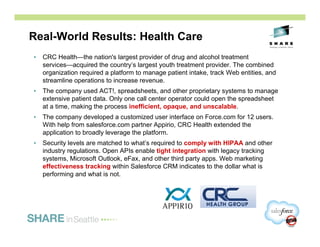 Real-World Results: Health Care
•   CRC Health—the nation's largest provider of drug and alcohol treatment
    services—acquired the country’s largest youth treatment provider. The combined
    organization required a platform to manage patient intake, track Web entities, and
    streamline operations to increase revenue.
•   The company used ACT!, spreadsheets, and other proprietary systems to manage
    extensive patient data. Only one call center operator could open the spreadsheet
    at a time, making the process inefficient, opaque, and unscalable.
•   The company developed a customized user interface on Force.com for 12 users.
    With help from salesforce.com partner Appirio, CRC Health extended the
    application to broadly leverage the platform.
•   Security levels are matched to what’s required to comply with HIPAA and other
    industry regulations. Open APIs enable tight integration with legacy tracking
    systems, Microsoft Outlook, eFax, and other third party apps. Web marketing
    effectiveness tracking within Salesforce CRM indicates to the dollar what is
    performing and what is not.




                                                                                         17
 