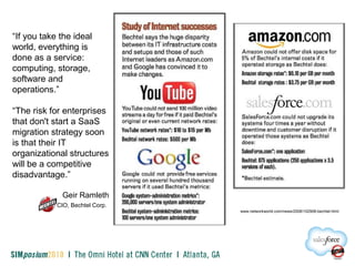 www.networkworld.com/news/2008/102908-bechtel.html
“If you take the ideal
world, everything is
done as a service:
computing, storage,
software and
operations.”
“The risk for enterprises
that don't start a SaaS
migration strategy soon
is that their IT
organizational structures
will be a competitive
disadvantage.”
Geir Ramleth
CIO, Bechtel Corp.
 