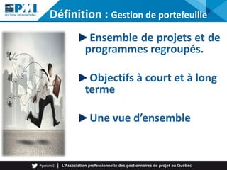 Ensemble de projets et de
programmes regroupés.
Objectifs à court et à long
terme
Une vue d’ensemble
Définition : Gestion de portefeuille
 