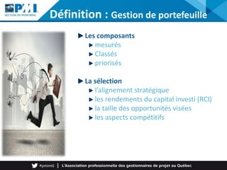 Définition : Gestion de portefeuille
Les composants
mesurés
Classés
priorisés
La sélection
l’alignement stratégique
les rendements du capital investi (RCI)
la taille des opportunités visées
les aspects compétitifs
 