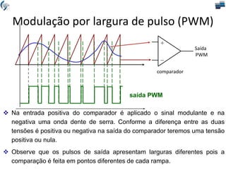  Na entrada positiva do comparador é aplicado o sinal modulante e na
negativa uma onda dente de serra. Conforme a diferença entre as duas
tensões é positiva ou negativa na saída do comparador teremos uma tensão
positiva ou nula.
 Observe que os pulsos de saída apresentam larguras diferentes pois a
comparação é feita em pontos diferentes de cada rampa.
saída PWM
+
_
comparador
Saída
PWM
Modulação por largura de pulso (PWM)
 