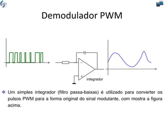  Um simples integrador (filtro passa-baixas) é utilizado para converter os
pulsos PWM para a forma original do sinal modulante, com mostra a figura
acima.
_
+
integrador
Demodulador PWM
 