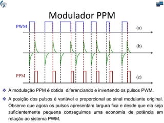 Modulador PPM
 A modulação PPM é obtida diferenciando e invertendo os pulsos PWM.
 A posição dos pulsos é variável e proporcional ao sinal modulante original.
Observe que agora os pulsos apresentam largura fixa e desde que ela seja
suficientemente pequena conseguimos uma economia de potência em
relação ao sistema PWM.
PWM
PPM
(a)
(b)
(c)
 