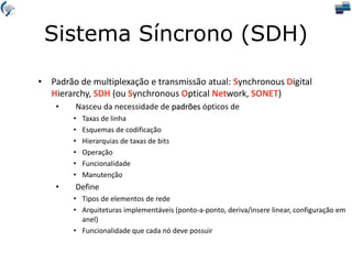 Sistema Síncrono (SDH)
• Padrão de multiplexação e transmissão atual: Synchronous Digital
Hierarchy, SDH (ou Synchronous Optical Network, SONET)
• Nasceu da necessidade de padrões ópticos de
• Taxas de linha
• Esquemas de codificação
• Hierarquias de taxas de bits
• Operação
• Funcionalidade
• Manutenção
• Define
• Tipos de elementos de rede
• Arquiteturas implementáveis (ponto-a-ponto, deriva/insere linear, configuração em
anel)
• Funcionalidade que cada nó deve possuir
 