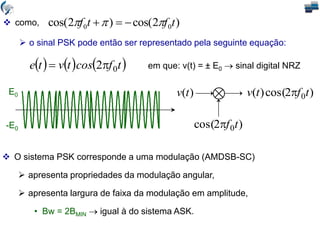     
t
f
cos
t
v
t
e 0
2
 em que: v(t) = ± E0  sinal digital NRZ
 O sistema PSK corresponde a uma modulação (AMDSB-SC)
 apresenta propriedades da modulação angular,
 apresenta largura de faixa da modulação em amplitude,
• Bw = 2BMIN  igual à do sistema ASK.
 o sinal PSK pode então ser representado pela seguinte equação:
 como, )
2
cos(
)
2
cos( 0
0 t
f
t
f 

 


E0
-E0
)
2
cos(
)
( 0t
f
t
v 
)
(t
v
)
2
cos( 0t
f

 